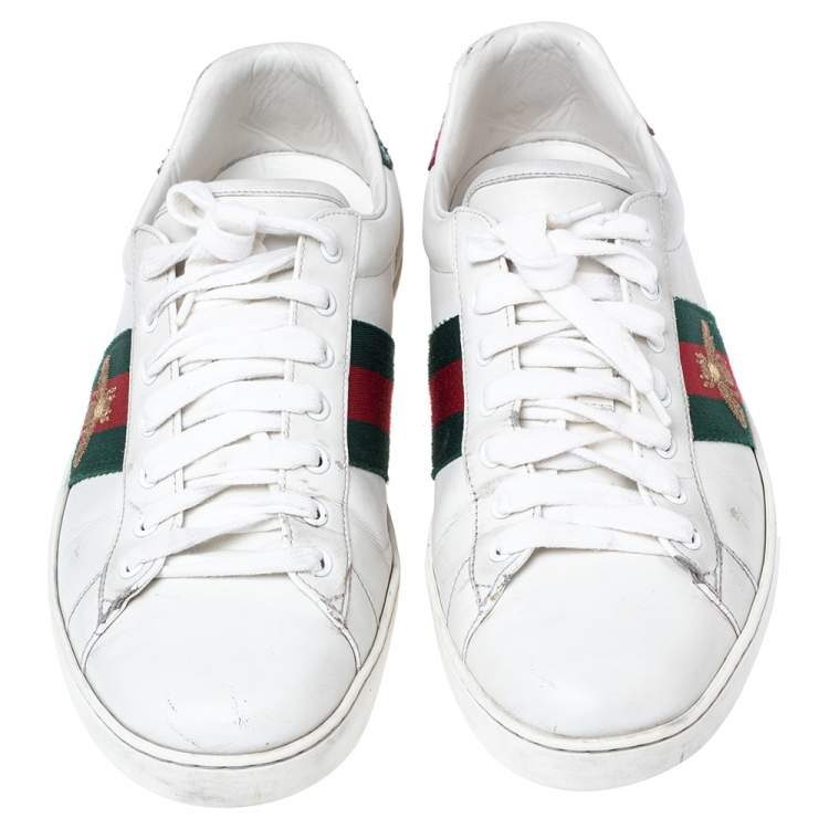 Pre Owned Gucci White Leather Web Ace Low Top Sneakers Size 45.5