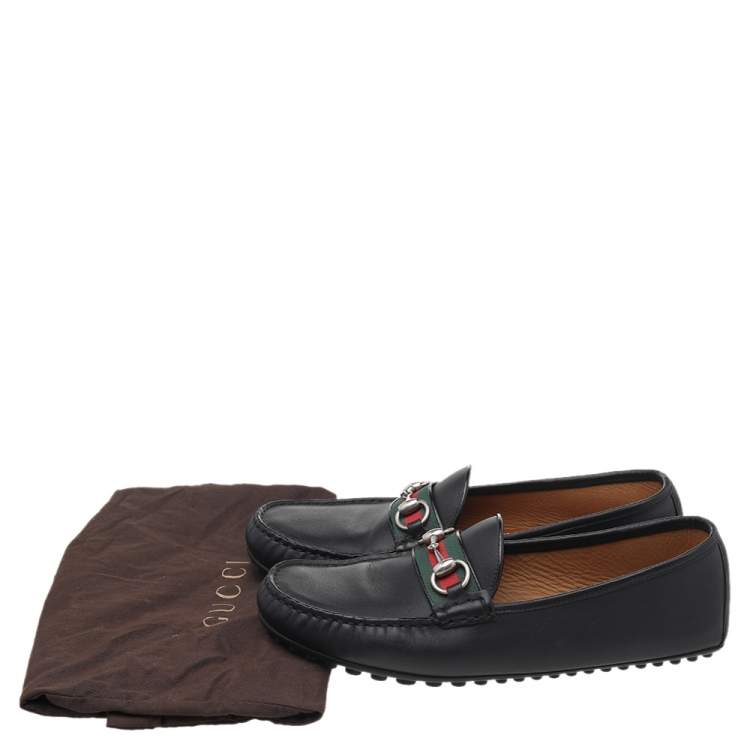 Pre Owned Gucci Black Leather Web Horsebit Loafers Size 42.5