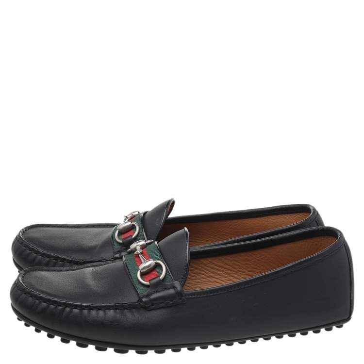 Pre Owned Gucci Black Leather Web Horsebit Loafers Size 42.5