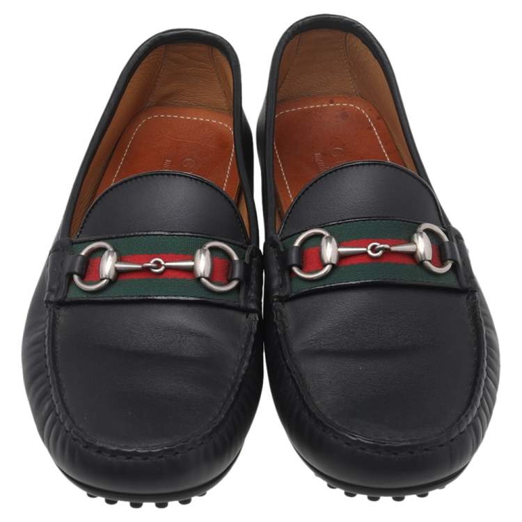 Pre Owned Gucci Black Leather Web Horsebit Loafers Size 42.5