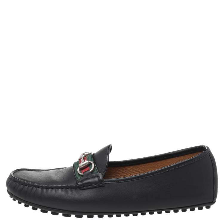 Pre Owned Gucci Black Leather Web Horsebit Loafers Size 42.5