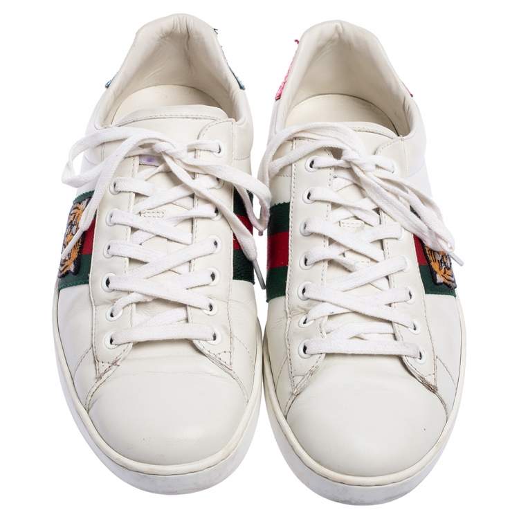Pre Owned Gucci White Leather Ace Embroidered Tiger Low Top Sneakers Size 42