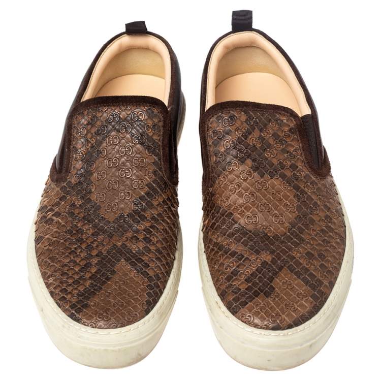 Pre Owned Gucci Brown Microguccissima Python And Leather Slip On Sneakers Size 40.5