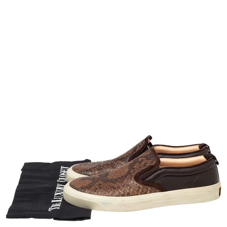 Pre Owned Gucci Brown Microguccissima Python And Leather Slip On Sneakers Size 40.5
