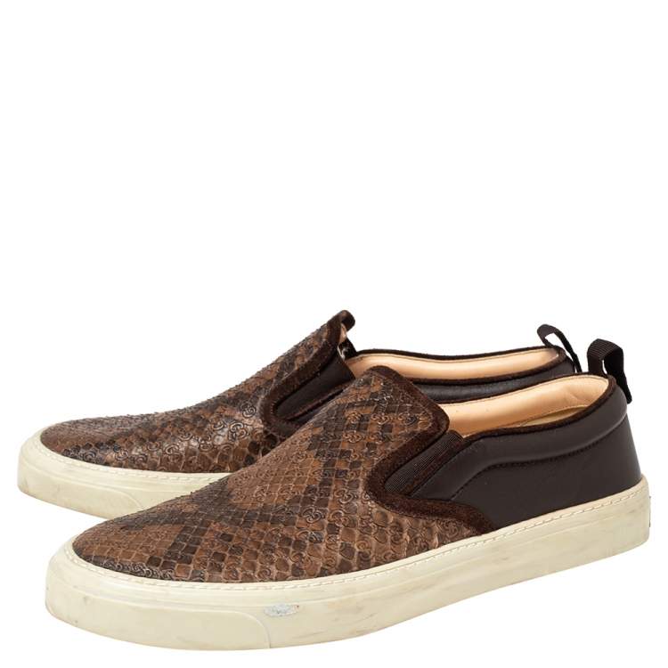 Pre Owned Gucci Brown Microguccissima Python And Leather Slip On Sneakers Size 40.5
