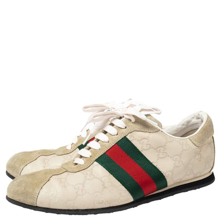 Pre Owned Gucci White Guccissima Leather And Suede Web Detail Sneakers Size 41