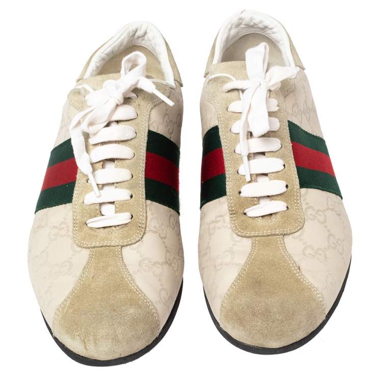 Pre Owned Gucci White Guccissima Leather And Suede Web Detail Sneakers Size 41