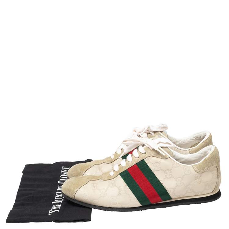 Pre Owned Gucci White Guccissima Leather And Suede Web Detail Sneakers Size 41