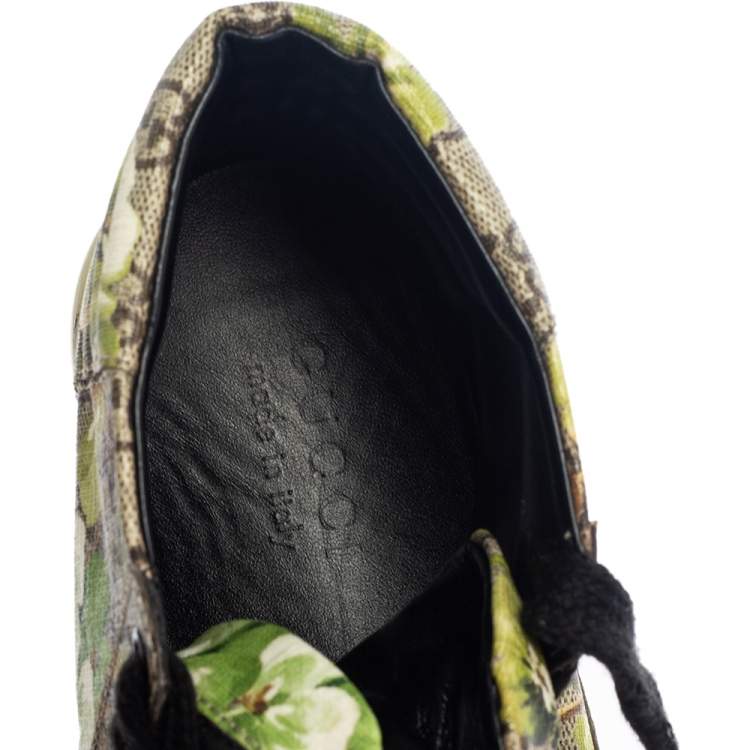 Pre Owned Gucci Green/Beige GG Supreme Bloom Canvas Lace Up High Top Sneakers Size 40