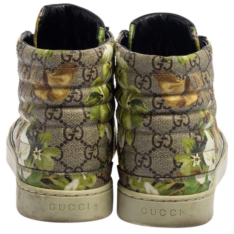 Pre Owned Gucci Green/Beige GG Supreme Bloom Canvas Lace Up High Top Sneakers Size 40