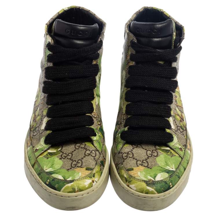 Pre Owned Gucci Green/Beige GG Supreme Bloom Canvas Lace Up High Top Sneakers Size 40