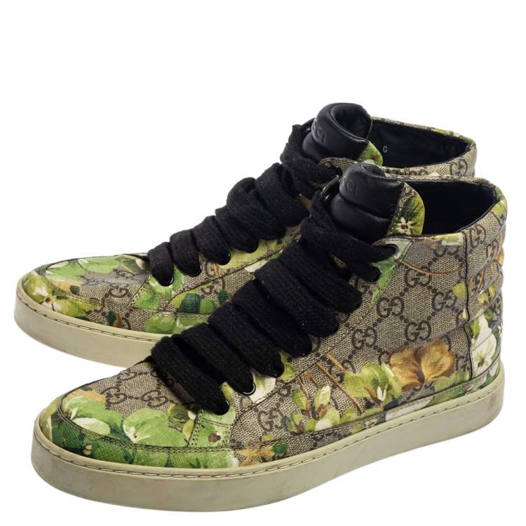 Pre Owned Gucci Green/Beige GG Supreme Bloom Canvas Lace Up High Top Sneakers Size 40