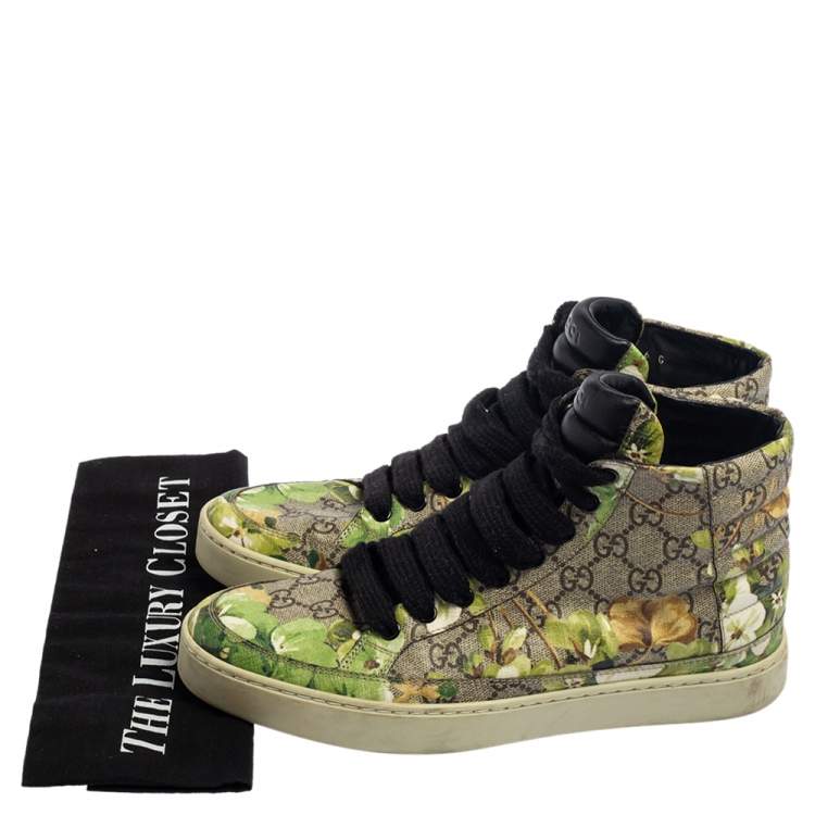 Pre Owned Gucci Green/Beige GG Supreme Bloom Canvas Lace Up High Top Sneakers Size 40