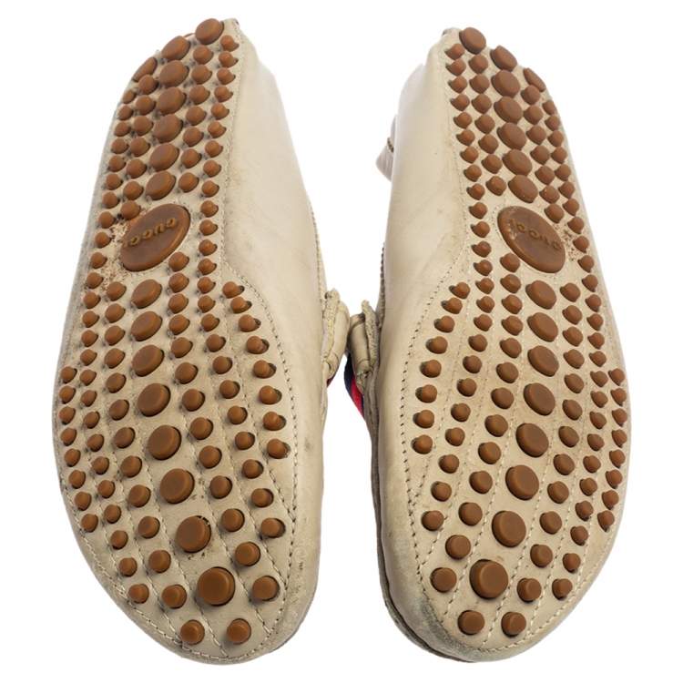 Pre Owned Gucci White Leather Web Slip On  Loafers Size 44.5