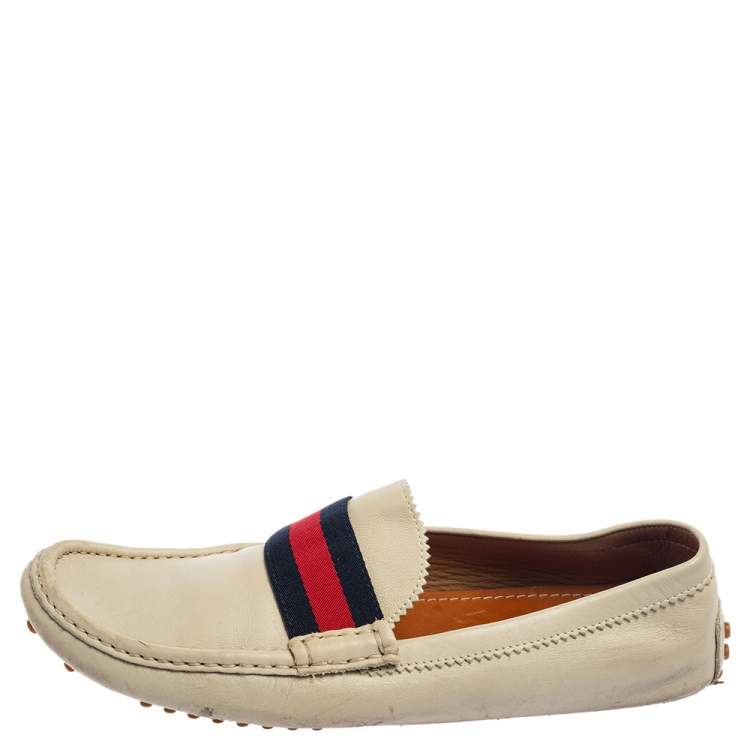Pre Owned Gucci White Leather Web Slip On  Loafers Size 44.5