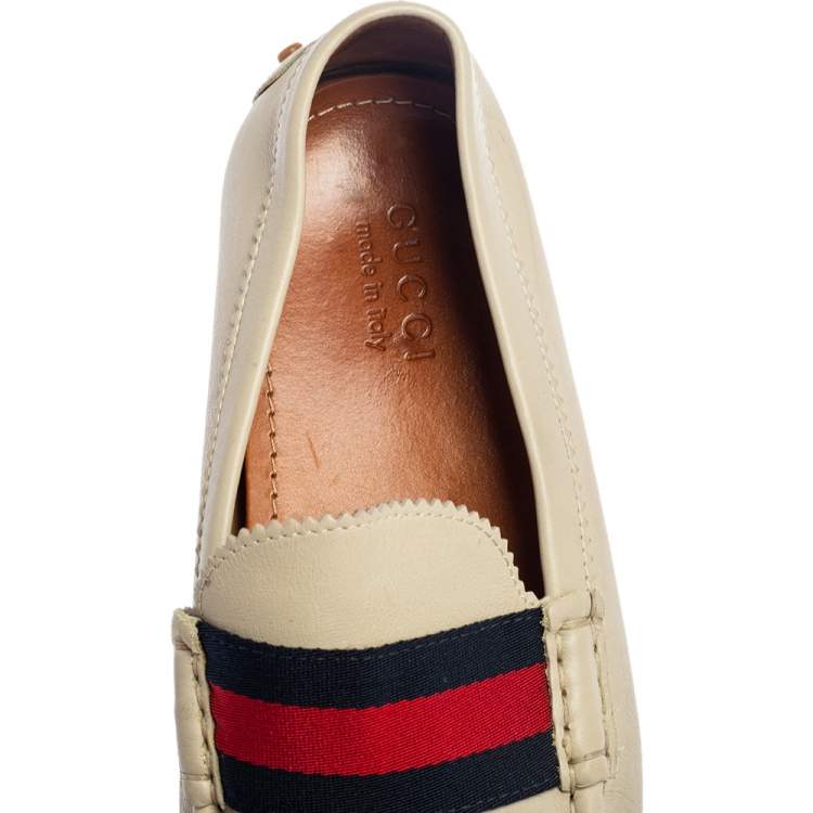 Pre Owned Gucci White Leather Web Slip On  Loafers Size 44.5