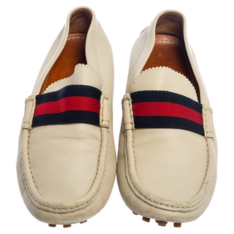 Pre Owned Gucci White Leather Web Slip On  Loafers Size 44.5