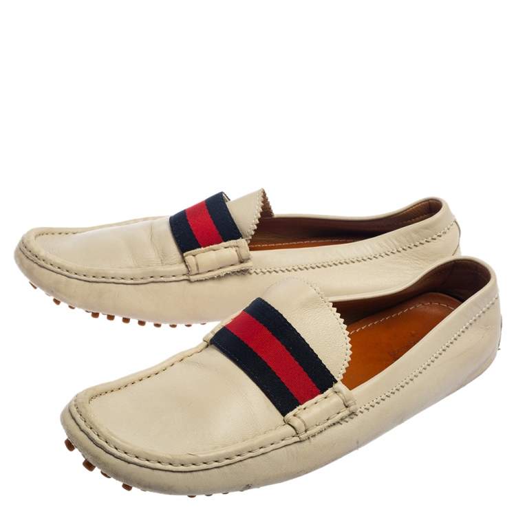 Pre Owned Gucci White Leather Web Slip On  Loafers Size 44.5