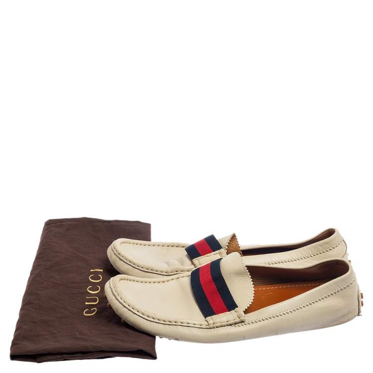 Pre Owned Gucci White Leather Web Slip On  Loafers Size 44.5