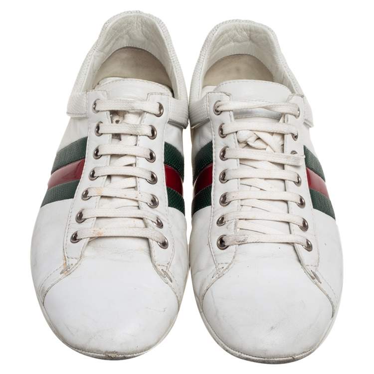Pre Owned Gucci White Leather Web Lace Up Sneakers Size 42