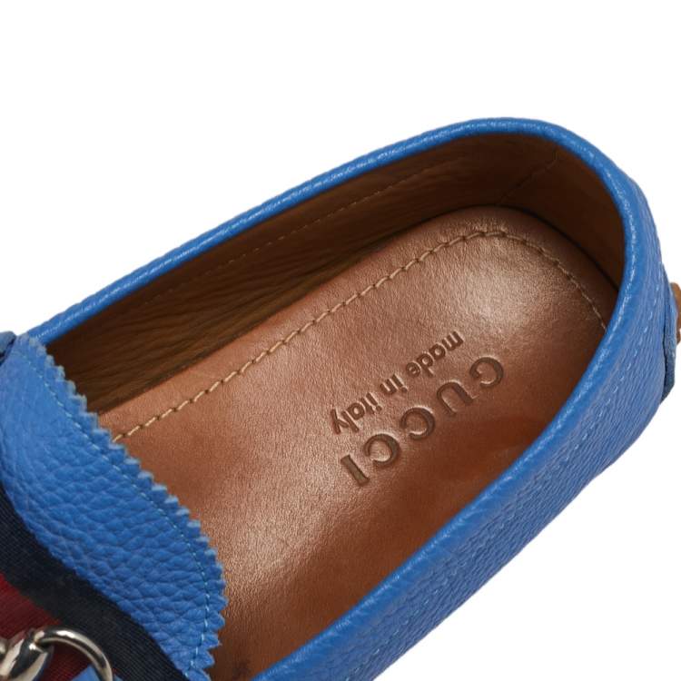 Pre Owned Gucci Blue  Leather Horsbit Web Trim Loafers Size 40