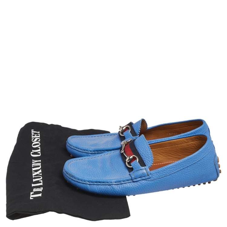 Pre Owned Gucci Blue  Leather Horsbit Web Trim Loafers Size 40