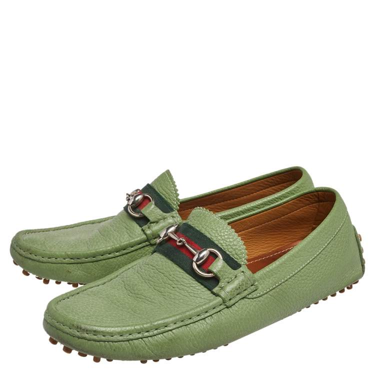 Pre Owned Gucci Green Leather Horsebit Slip On Loafers Size 40