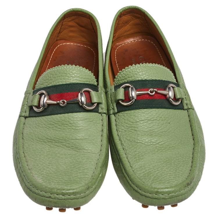 Pre Owned Gucci Green Leather Horsebit Slip On Loafers Size 40
