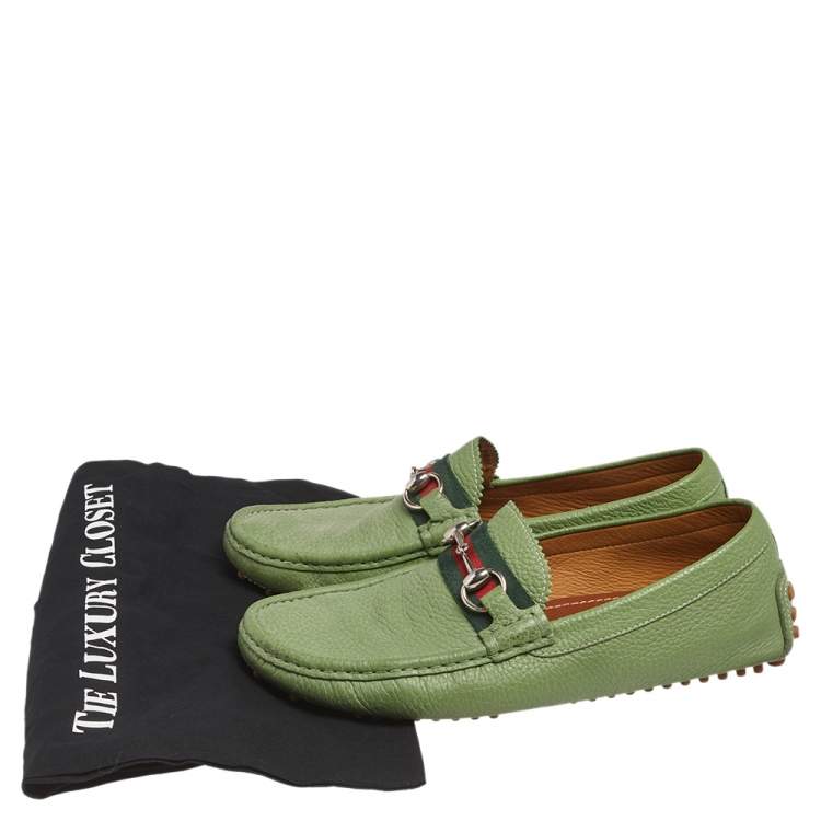 Pre Owned Gucci Green Leather Horsebit Slip On Loafers Size 40