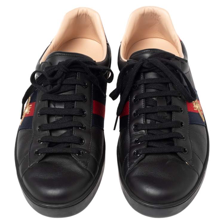 Pre Owned Gucci Black Leather And Python Embossed Leather Bee Ace Low Top Sneakers Size 45.5