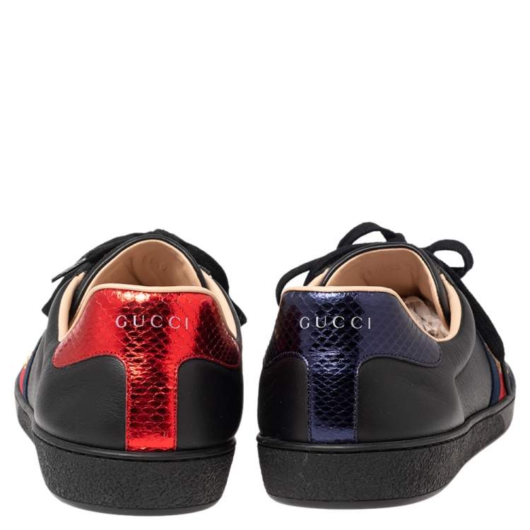Pre Owned Gucci Black Leather And Python Embossed Leather Bee Ace Low Top Sneakers Size 45.5