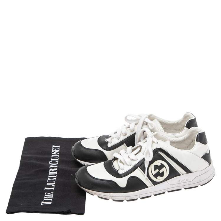 Pre Owned Gucci Black-White Leather Interlocking G Lace Sneakers Size 39