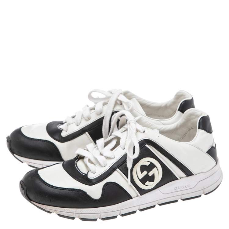Pre Owned Gucci Black-White Leather Interlocking G Lace Sneakers Size 39