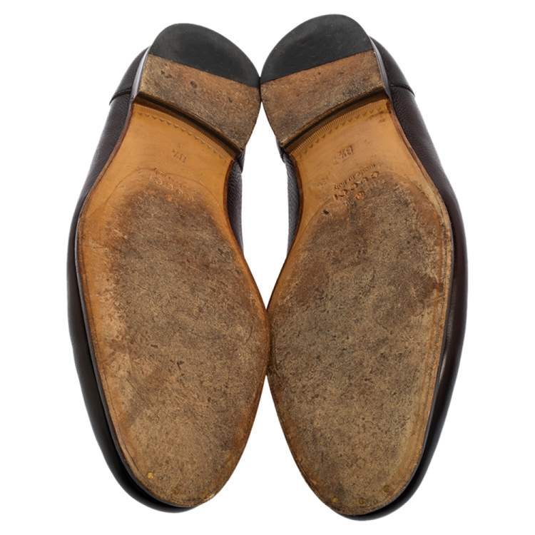 Pre Owned Gucci Dark Brown Leather Web Horsebit Loafers Size 42.5