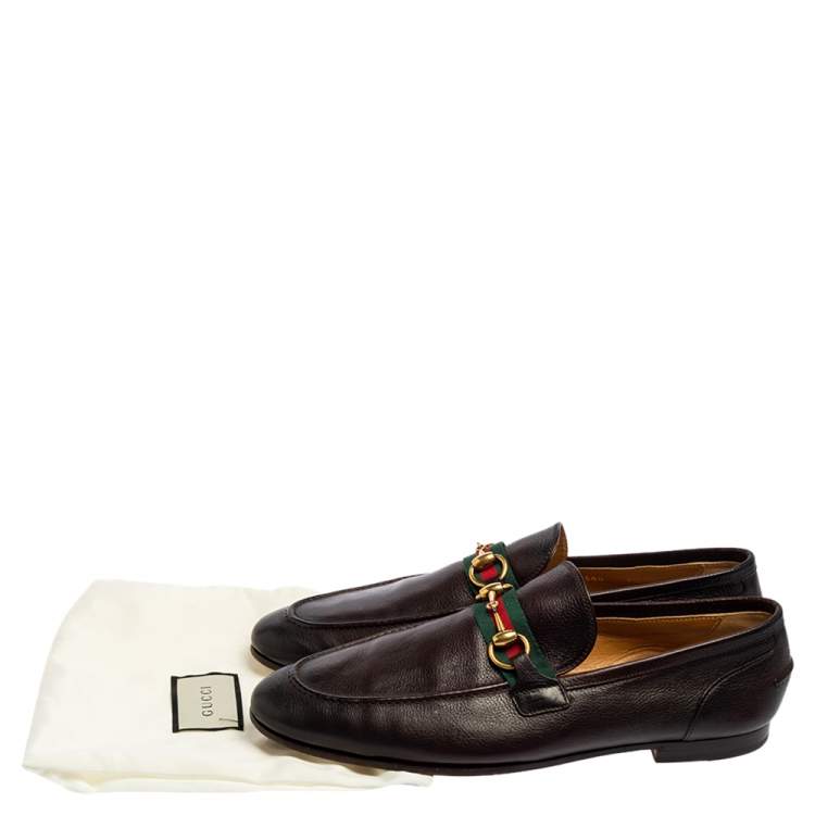 Pre Owned Gucci Dark Brown Leather Web Horsebit Loafers Size 42.5