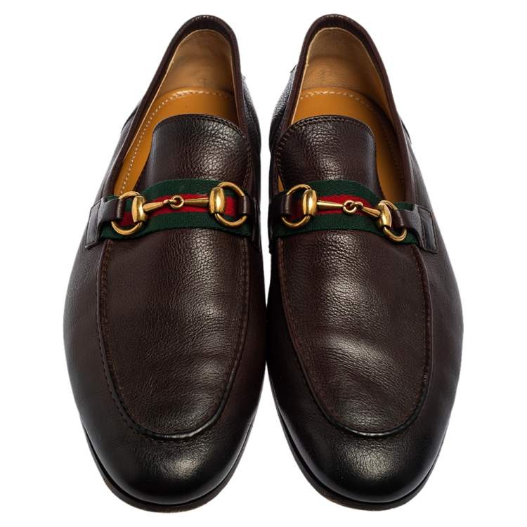 Pre Owned Gucci Dark Brown Leather Web Horsebit Loafers Size 42.5