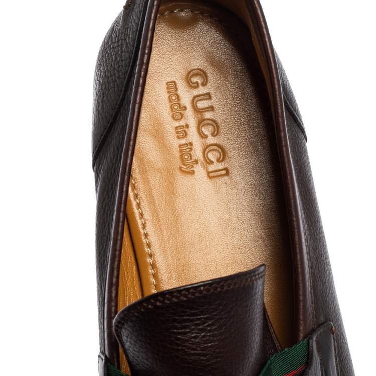 Pre Owned Gucci Dark Brown Leather Web Horsebit Loafers Size 42.5