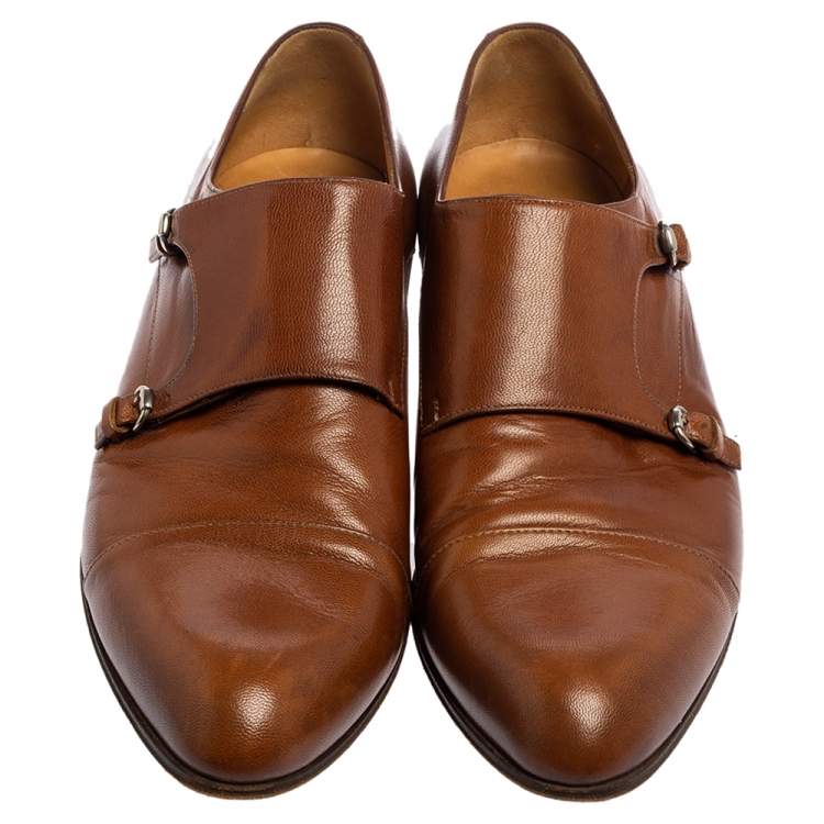 Pre Owned Gucci Brown Leather Double Buckle Monk Strap Derby Size 41