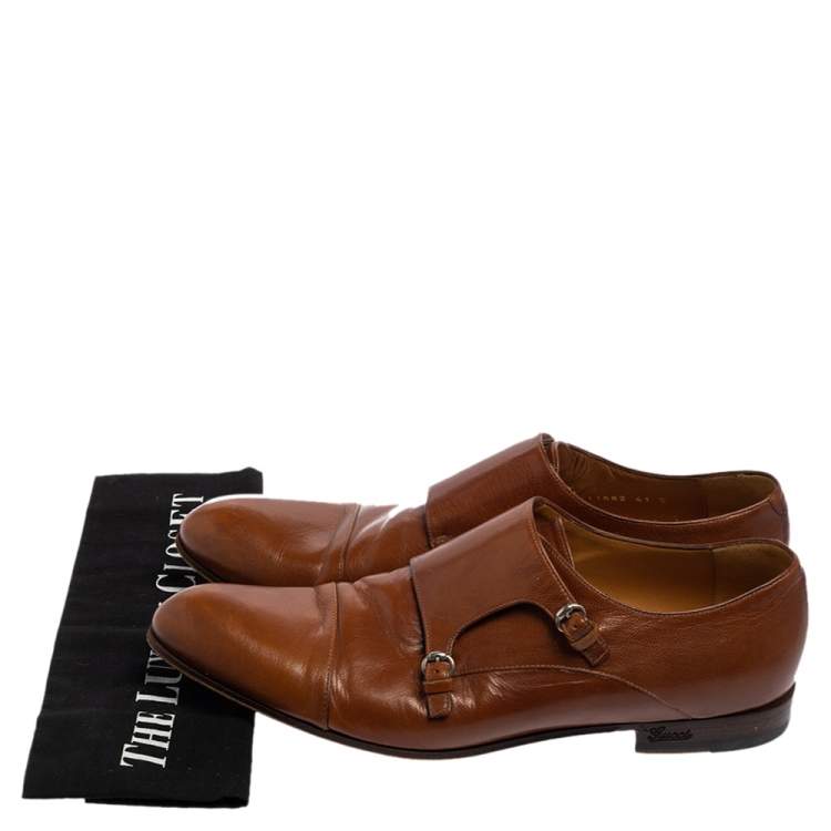 Pre Owned Gucci Brown Leather Double Buckle Monk Strap Derby Size 41