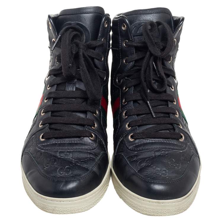 Pre Owned Gucci Black Guccissima Leather Web Detail High Top Sneakers Size 42.5