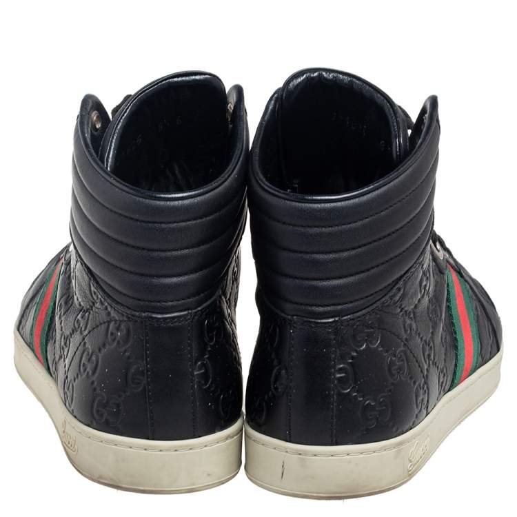 Pre Owned Gucci Black Guccissima Leather Web Detail High Top Sneakers Size 42.5