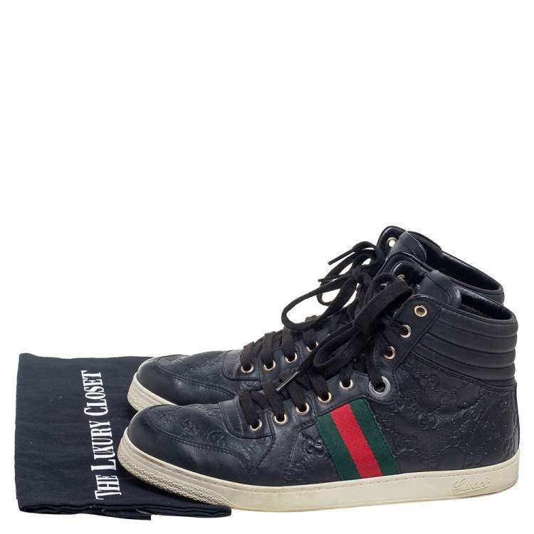 Pre Owned Gucci Black Guccissima Leather Web Detail High Top Sneakers Size 42.5