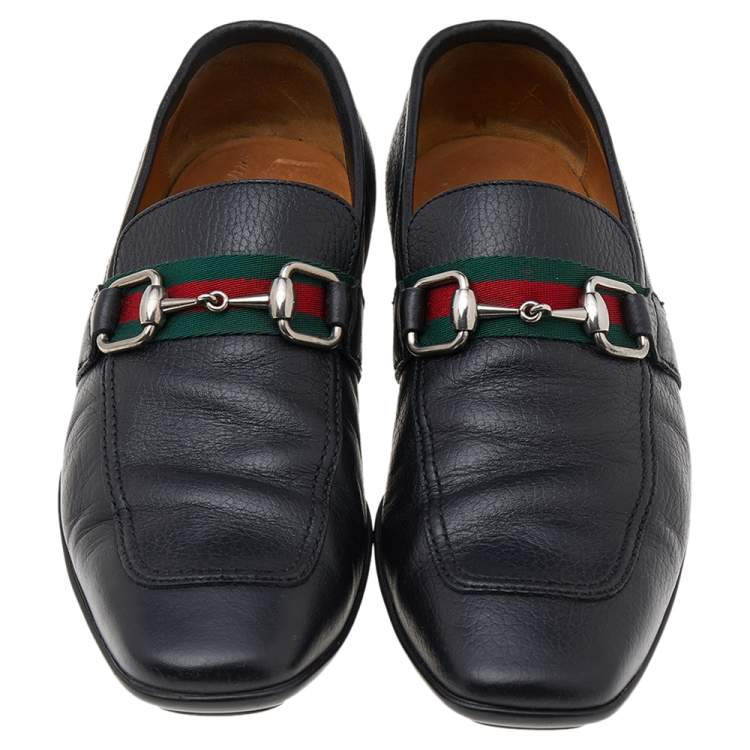 Pre Owned Gucci Black Leather Web Detail Loafers Size 40.5