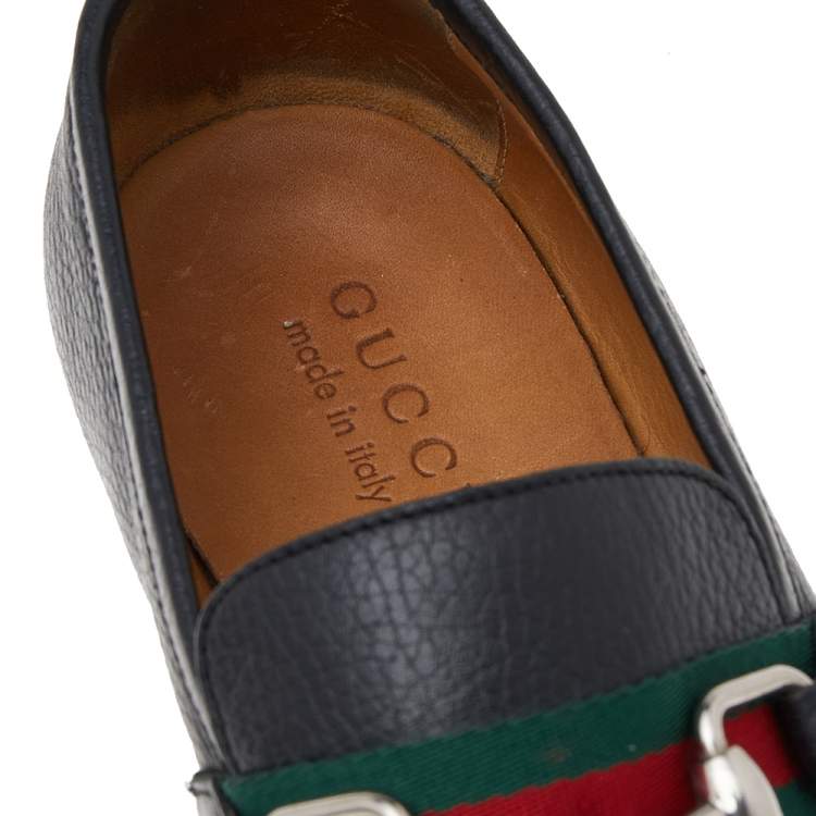 Pre Owned Gucci Black Leather Web Detail Loafers Size 40.5