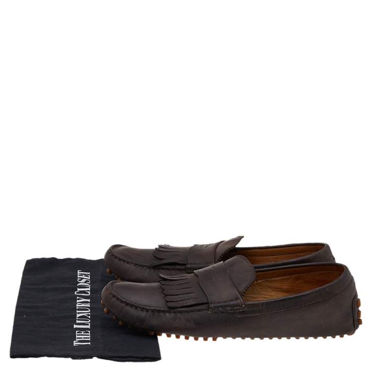 Pre Owned Gucci Brown Leather Slip on Loafers Size 43.5