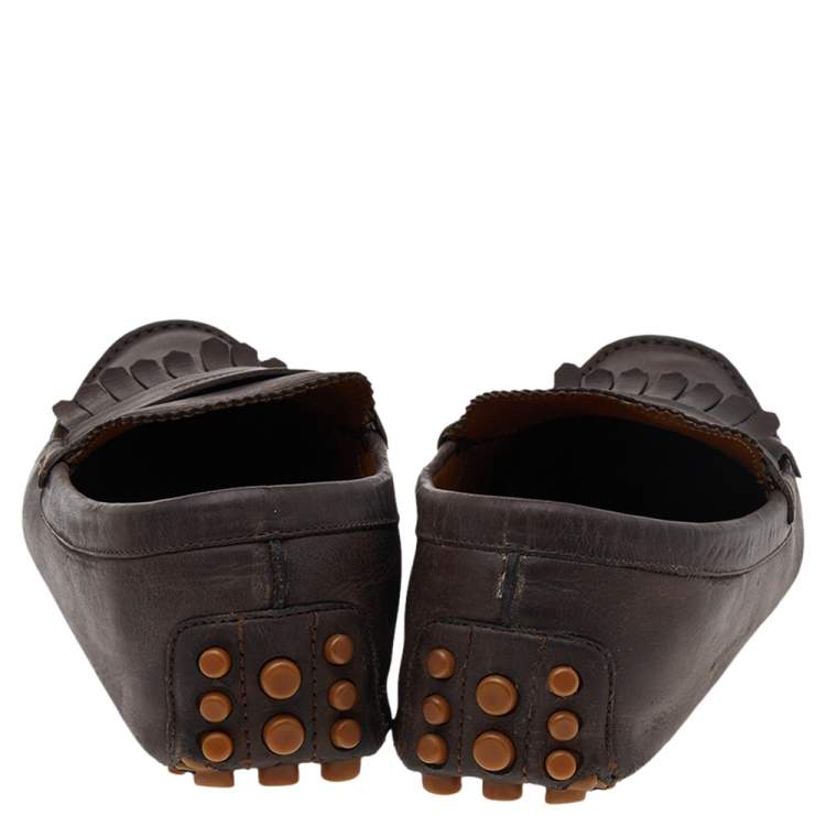 Pre Owned Gucci Brown Leather Slip on Loafers Size 43.5