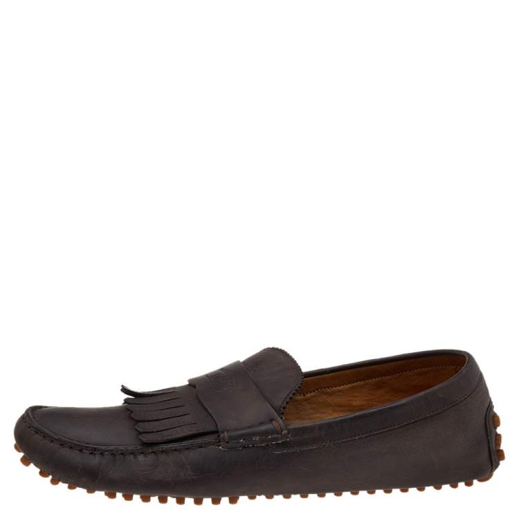 Pre Owned Gucci Brown Leather Slip on Loafers Size 43.5