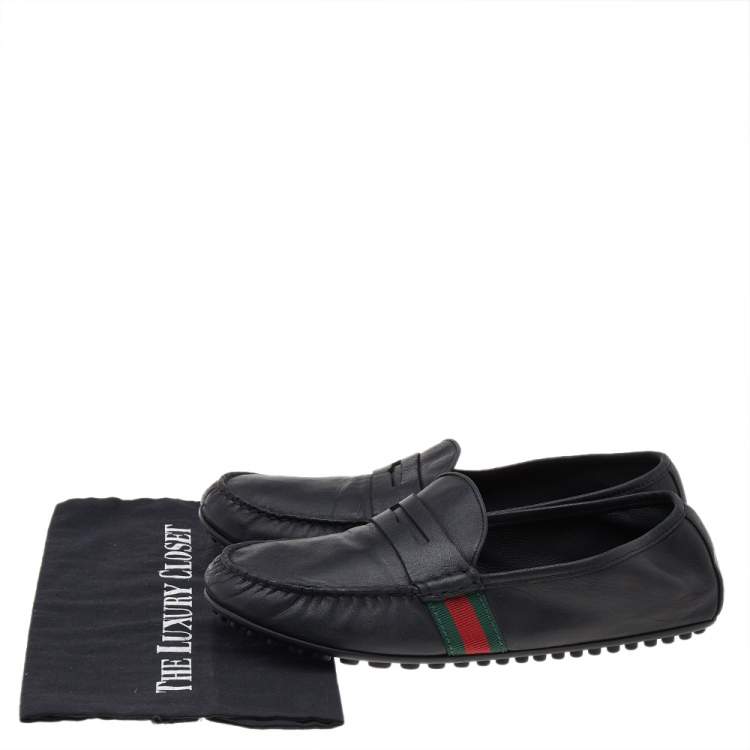 Pre Owned Gucci Black Leather Web Detail Slip on Loafers Size 43.5
