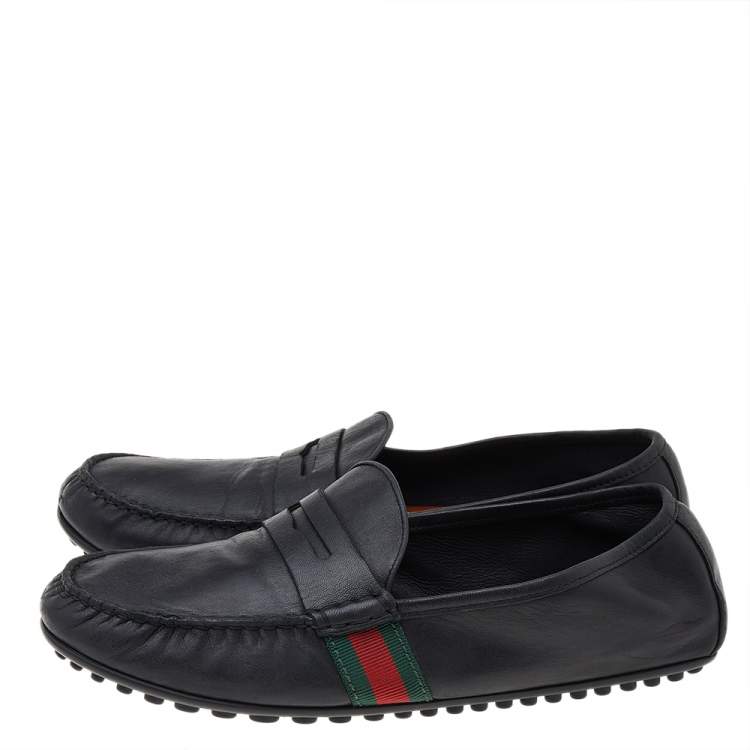 Pre Owned Gucci Black Leather Web Detail Slip on Loafers Size 43.5