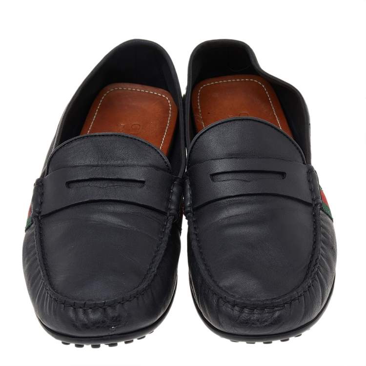 Pre Owned Gucci Black Leather Web Detail Slip on Loafers Size 43.5